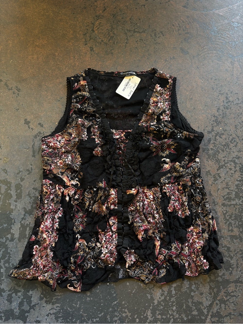 Temptations Black Floral Lace-Trim Ruffle Camisole - Picture 1 of 5